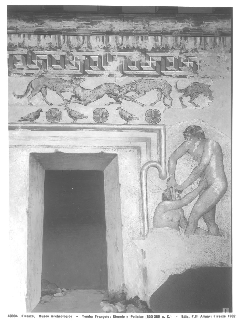 Marce Camitlnas et Cneve Tarchunies Rumach, reconstruction de la peinture murale étrusque dans la tombe François à Vulci vers 320-280 av. J.-C. (peinture murale) - Carlo Ruspi