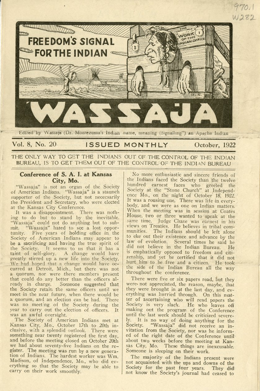Numéro de Wassaja, Vol. 8, No. 20, octobre 1922 - Carlos Montezuma