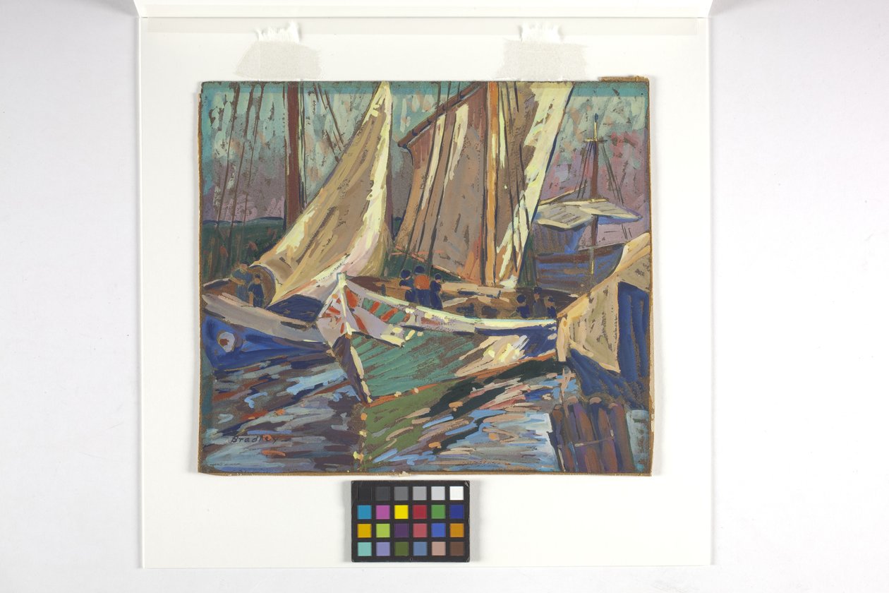 Bateaux de pêche au port (gouache sur papier brun) - Carolyn Bradley