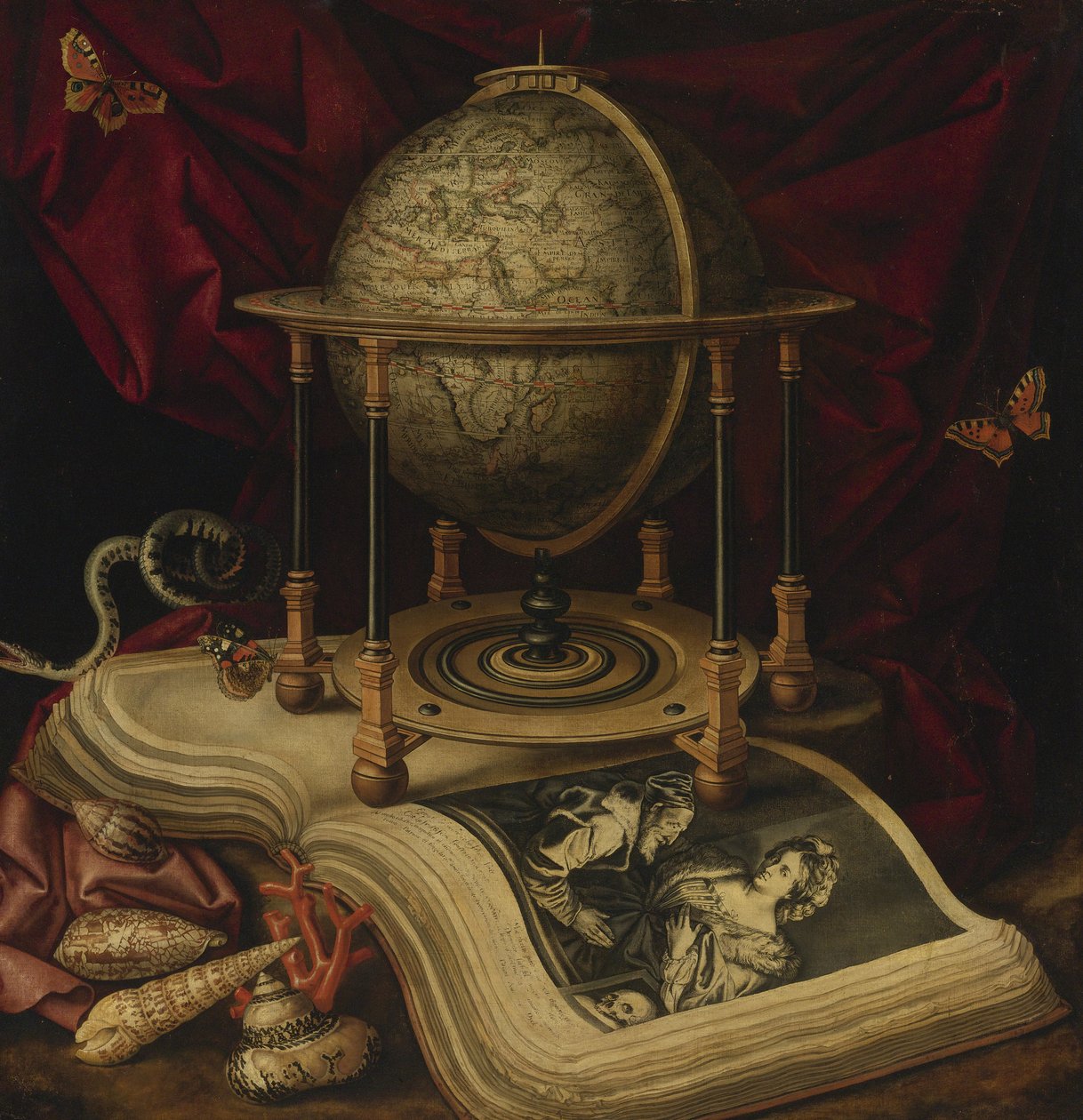 Vanitas Nature morte avec un globe terrestre, un livre, des coquillages, un serpent et des papillons - Carstian Luyckx