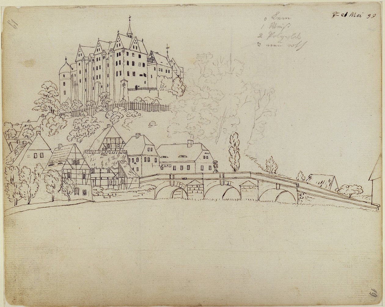 Vue de Nossen, en Saxe, avec son château et son pont - Caspar David Friedrich