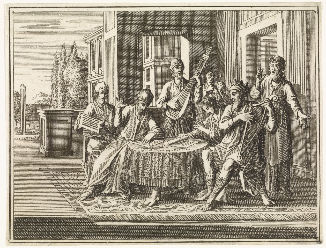 David est assis à une table et joue de la harpe - Caspar Luyken