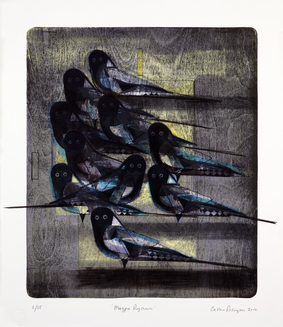 Rythme de la pie, 2016 (lithographie mokulito avec coloriage à la main) - Cathie Pilkington