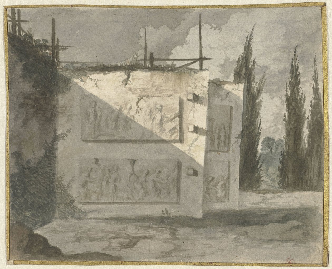 Paysage avec mur et bas-reliefs - Cavalier Cosse