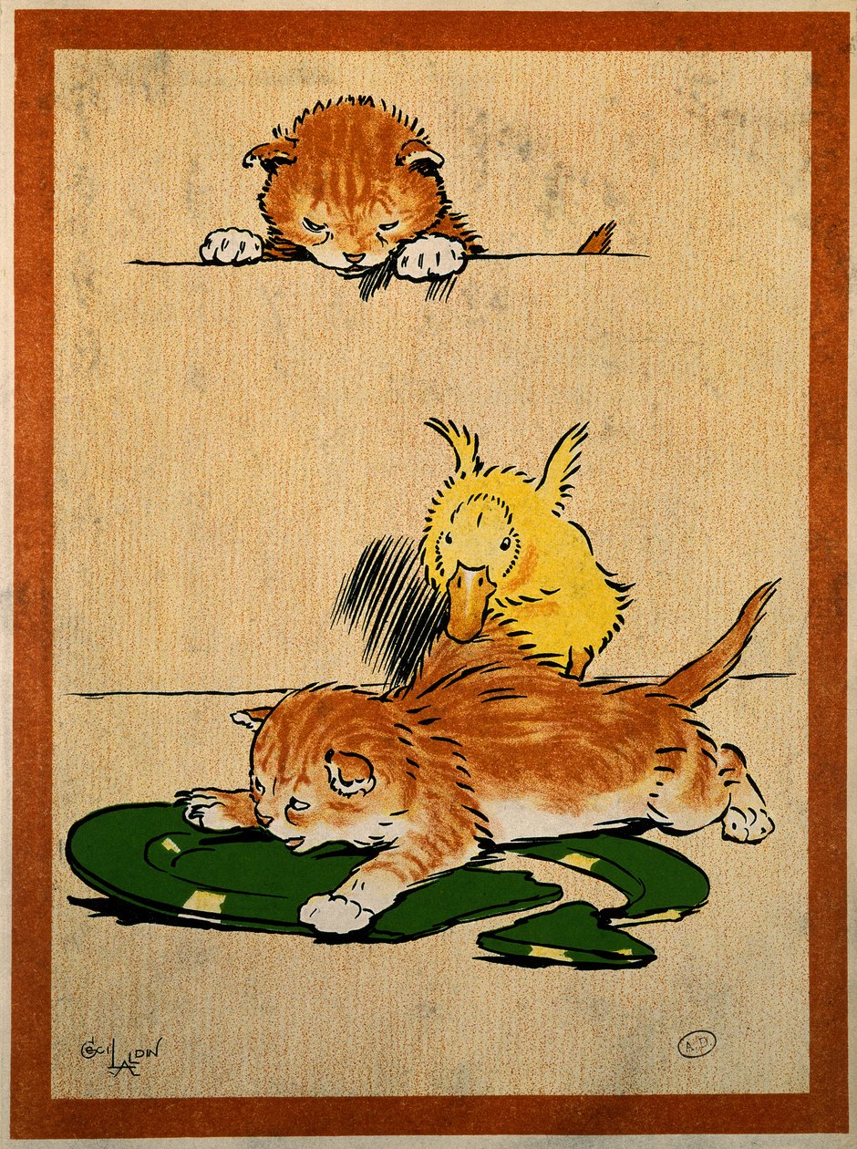 Chats et canard. Dessin de Cecil Aldin (1870-1935). Paris, Arts Décoratifs - Cecil Charles Windsor Aldin