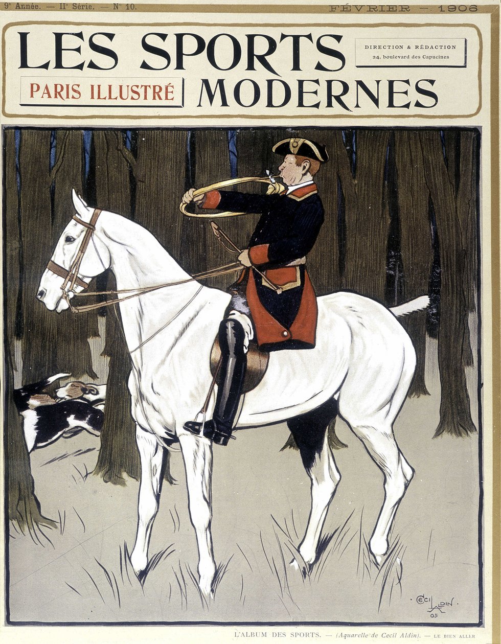 Chasse (un homme à cheval encourageant des chiens) Couverture de Modern Sports 02/1906 - Cecil Charles Windsor Aldin