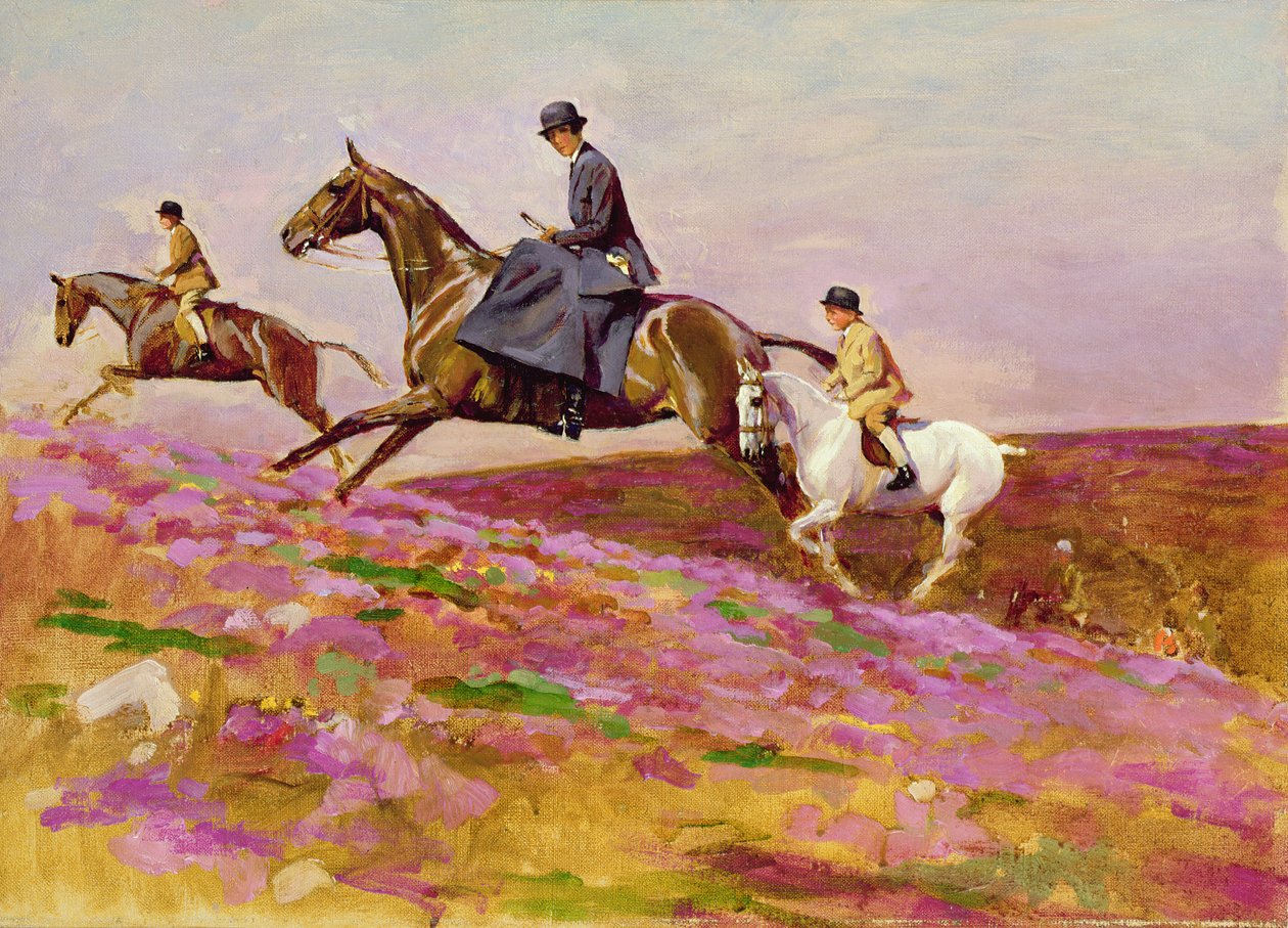Lady Currie avec ses fils Bill et Hamish chassant sur Exmoor - Cecil Charles Windsor Aldin