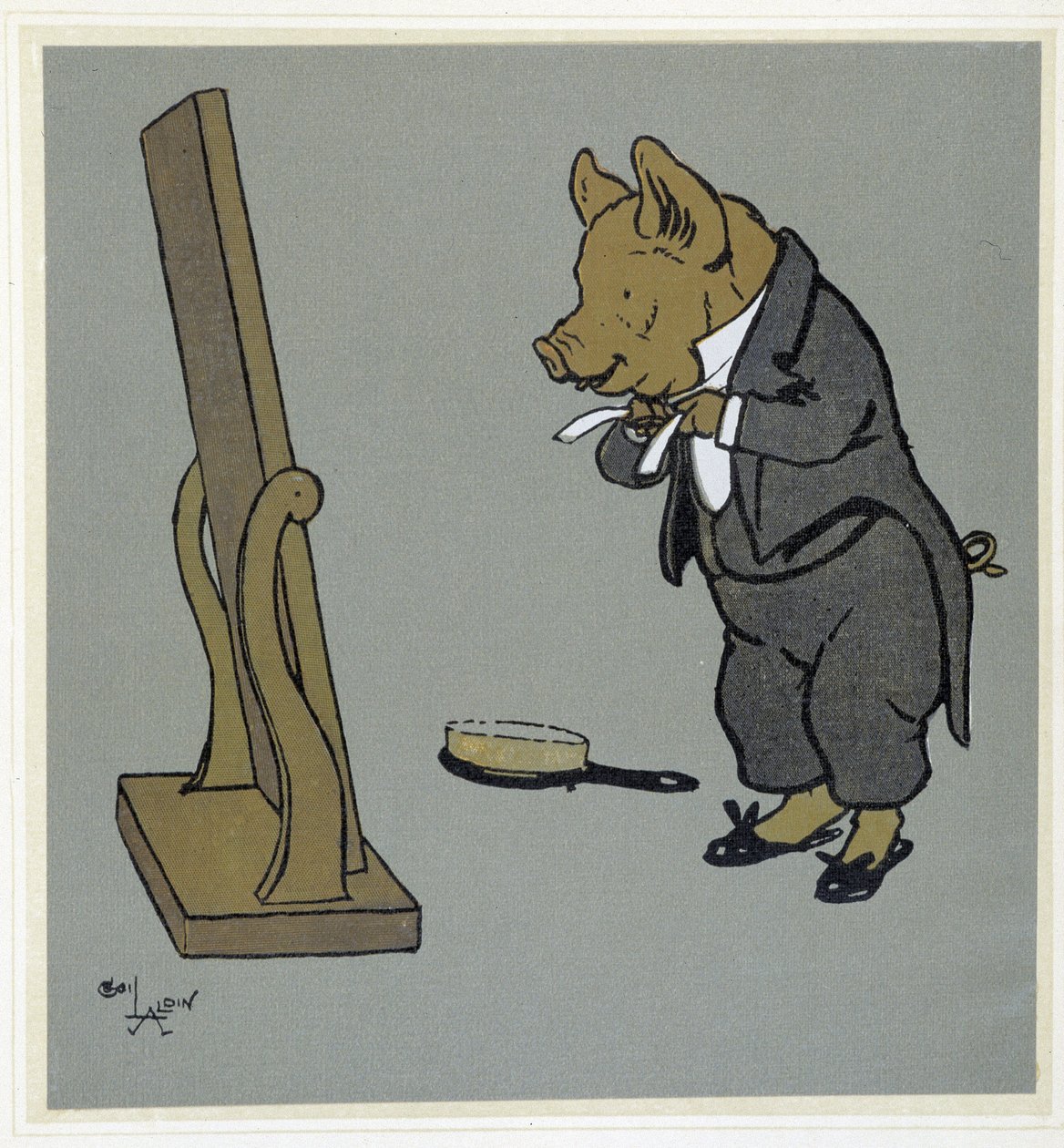 Cochon se coiffant, ajustant son nœud de cravate devant un miroir - dans « Merry Party », ill. par Cécil Aldin, éd. Hodder & Stoughton, Londres - Cecil Charles Windsor Aldin