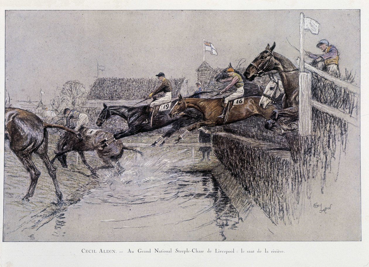 Le Grand National Steeple Chase à Liverpool: Le Saut de la Rivière - Cecil Charles Windsor Aldin