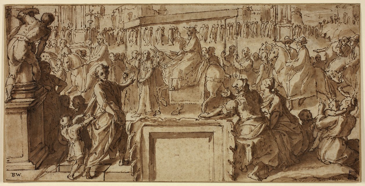 Saint Charles Borromée entrant dans la ville de Pavie : Dessin pour une décoration murale - Cesare Nebbia