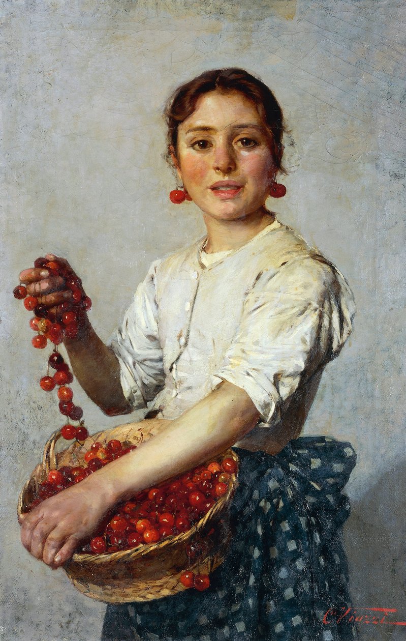Jeune fille aux cerises (huile sur toile) - Cesare Viazzi