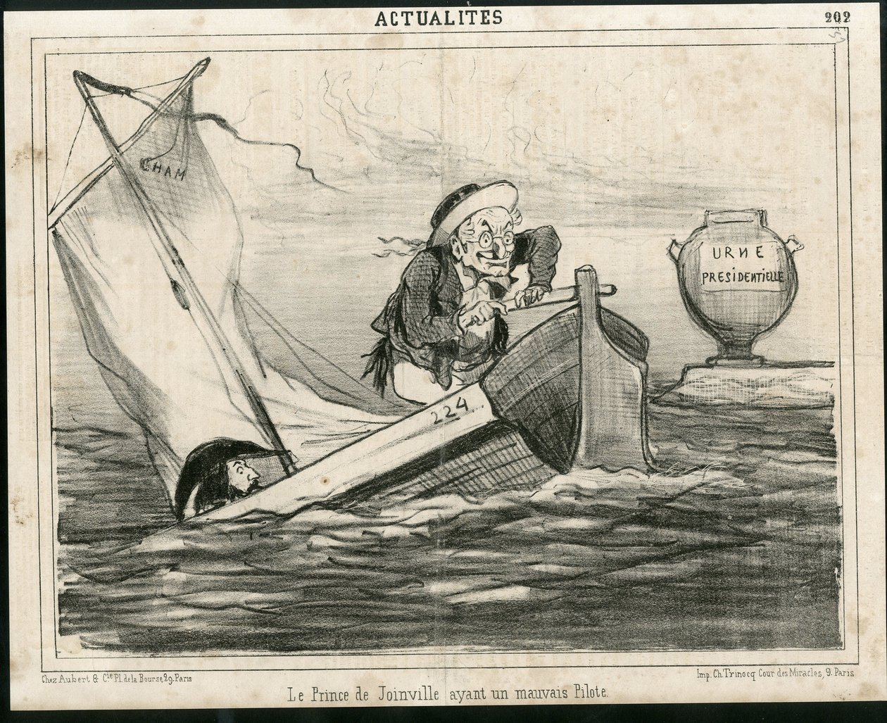 Illustration de Cham (1819-1879) dans Le Charivari, vers 1850 - Le Prince de Joinville ayant un mauvais pilote - Élections, Président de la République, Marine maritime nautique balnéaire - Thiers Adolphe, François d