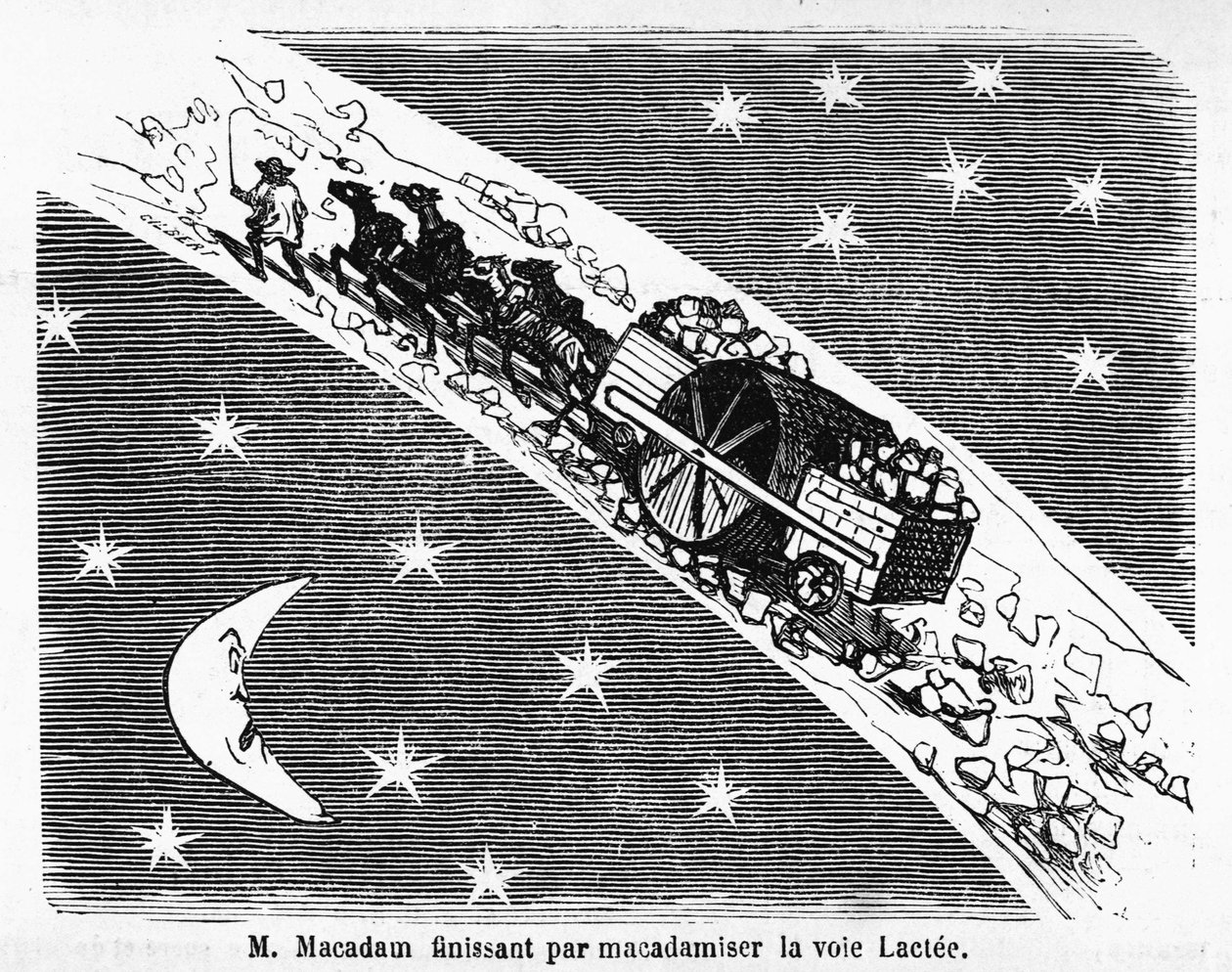 Caricature sur le revêtement en pierre des rues, MacAdam, ingénieur écossais (1756-1838) : "M. Macadam finissant par macadamiser la Voie Lactée" - dans "Album Charivarique", ill. de Cham - Amédée de Noé
