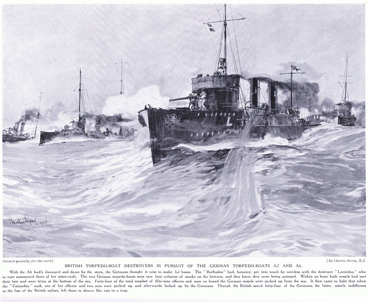 Les Destroyers de Torpilleurs Britanniques à la poursuite des Torpilleurs Allemands A2 et A6 Novembre 1914 - Charles Edward Dixon