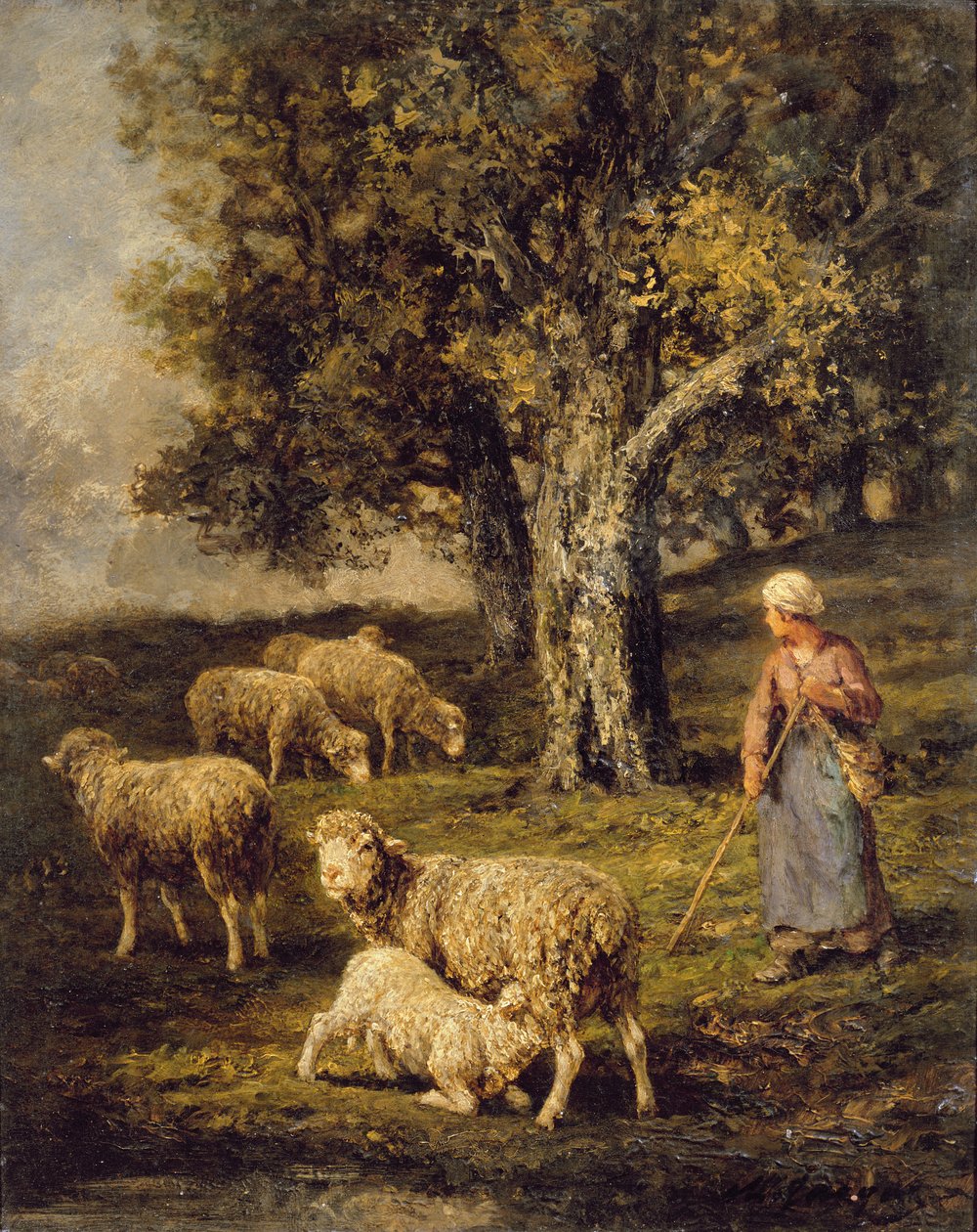 Une bergère et des moutons dans un paysage de Barbizon - Charles Emile Jacque