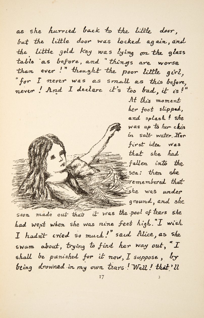 Alice tombe dans la Mare de larmes, illustration des Aventures d