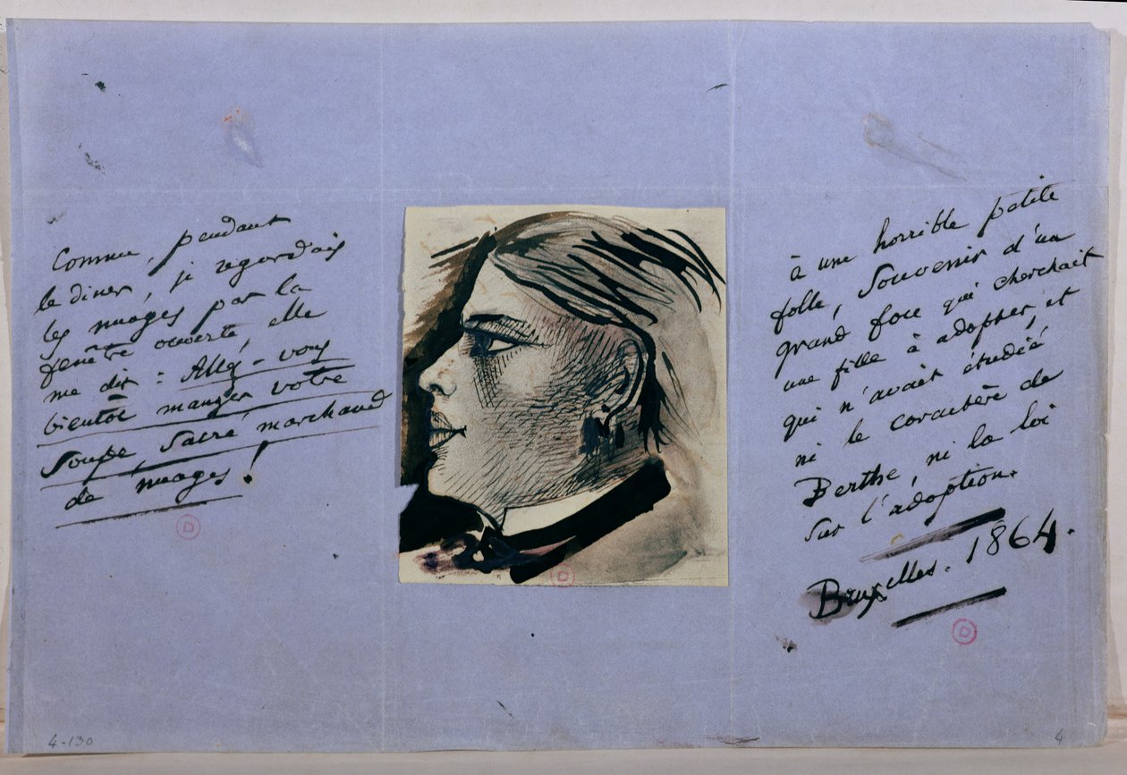 Page manuscrite avec portrait de Berthe, dernière maîtresse de Baudelaire, Bruxelles 1864 - Charles Pierre Baudelaire
