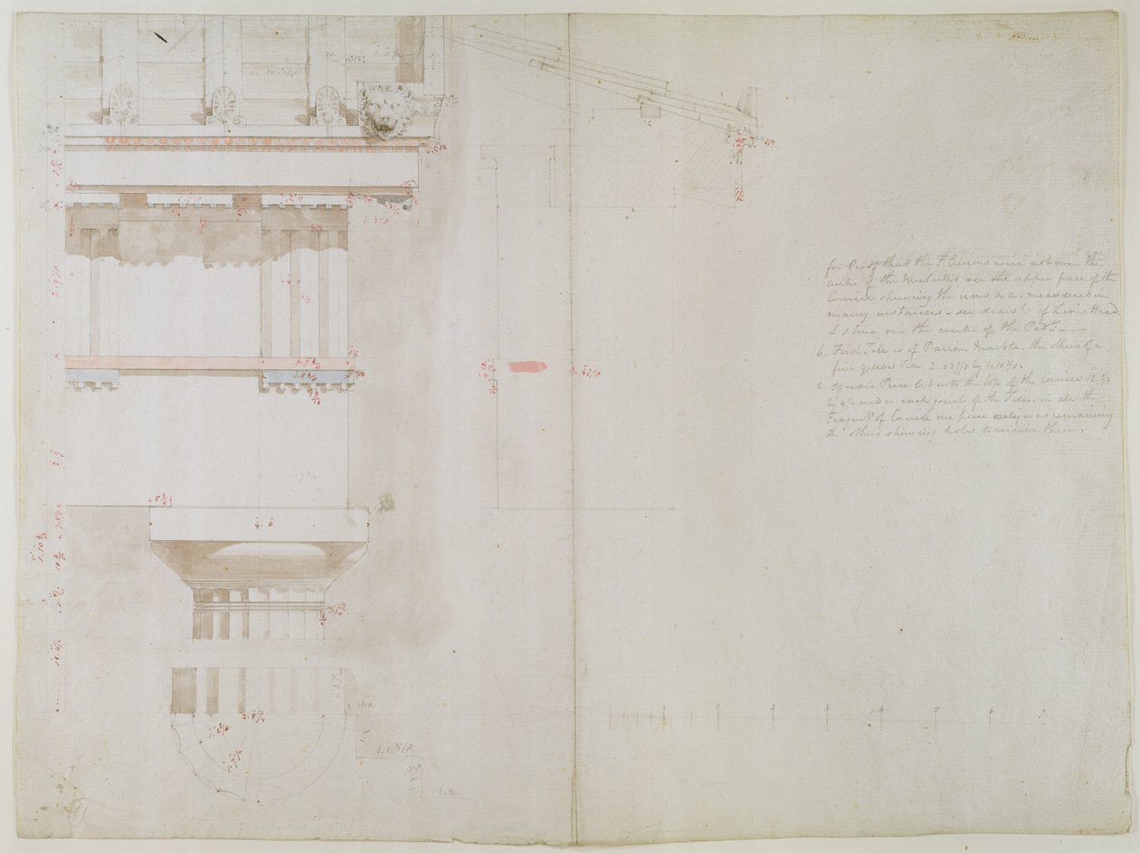Collection de dessins originaux pour les temples de Bassac : élévation et structure partielle du toit des temples de Jupiter Panhellenius à Égine, 1860 - Charles Robert Cockerell