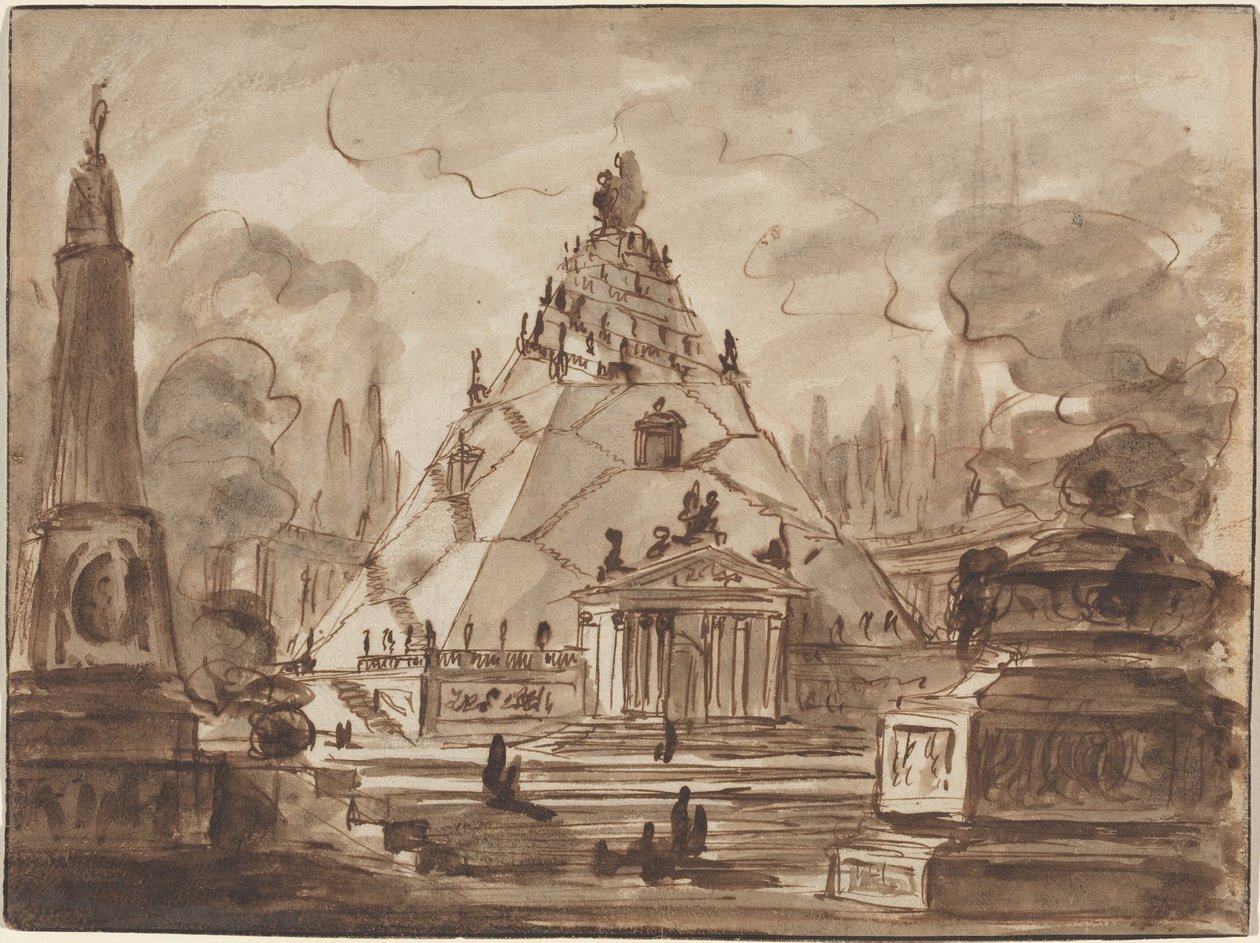 Fantaisie architecturale avec un mausolée pyramidal, vers 1747 (plume et encre brune avec lavis brun sur papier vergé) - Charles-Michel-Ange Challe