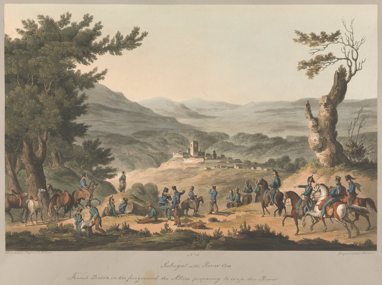 No.5. Sabugal sur la Rivière Coa, piquets français au premier plan, les Alliés se préparant à traverser la rivière - Charles (after) Turner