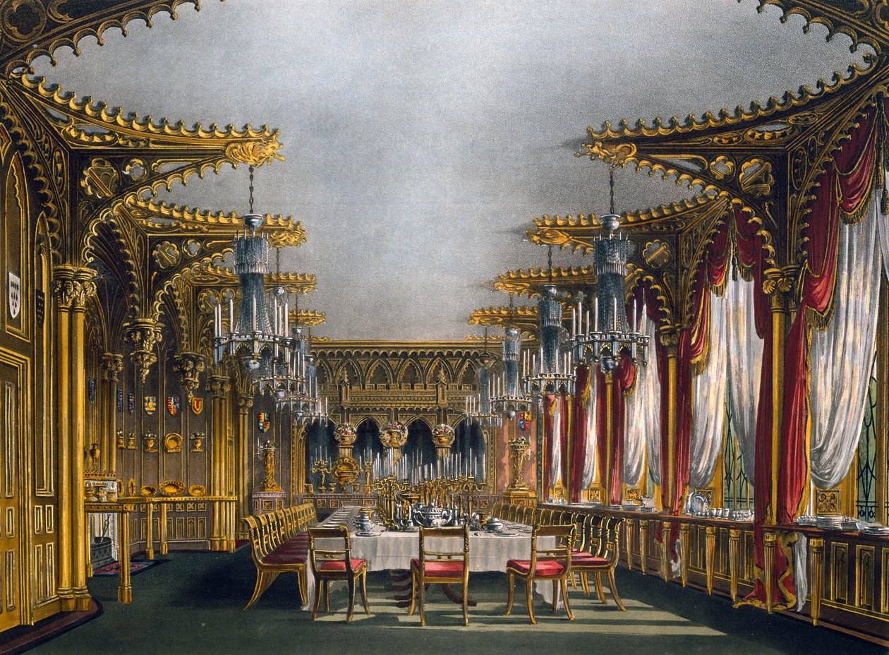 Salle à manger gothique, gravure de Thomas Sutherland (1785-1838), d
