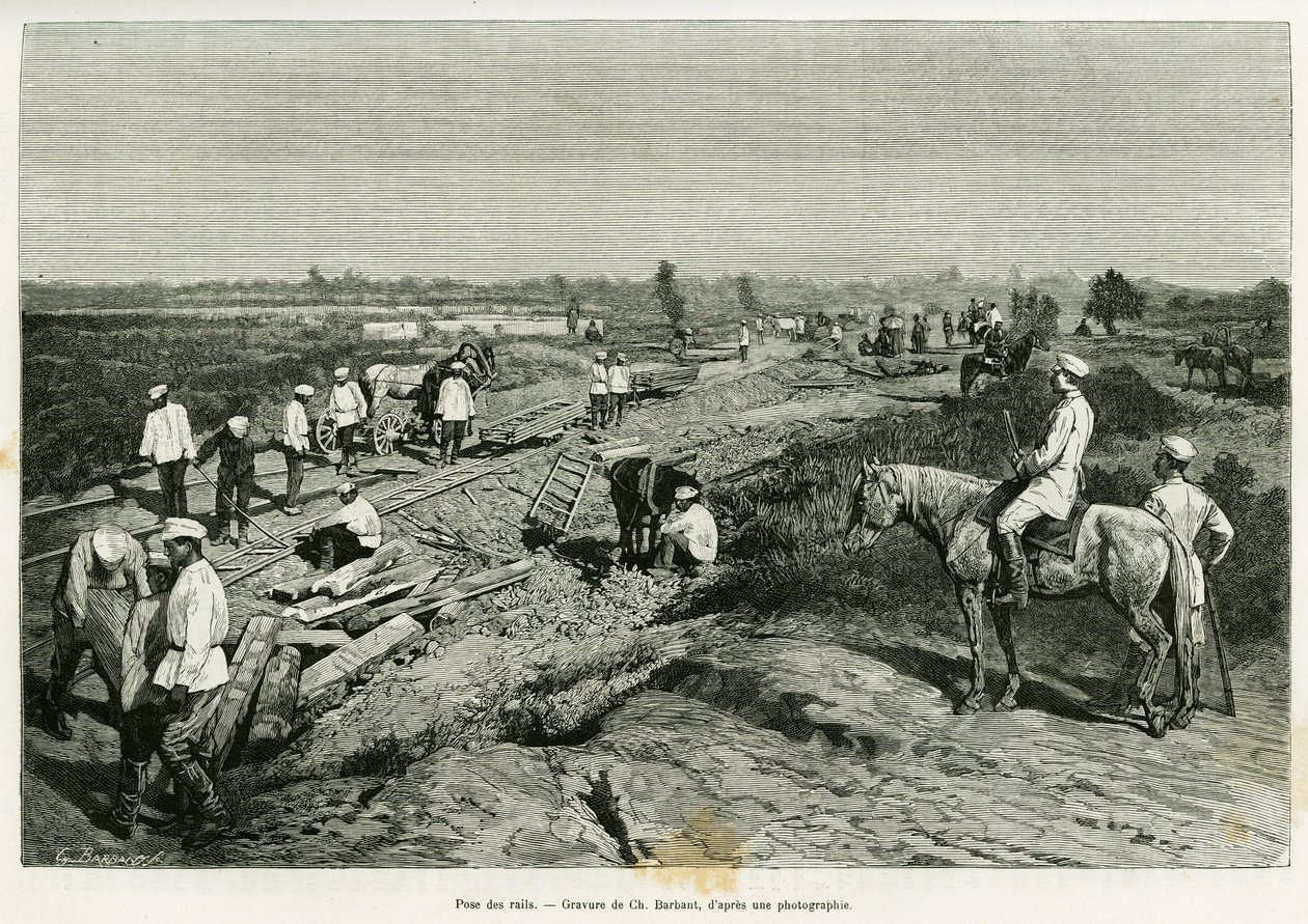 Pose des rails transcaspiennes. Gravure par Ch. Barbant pour illustrer l