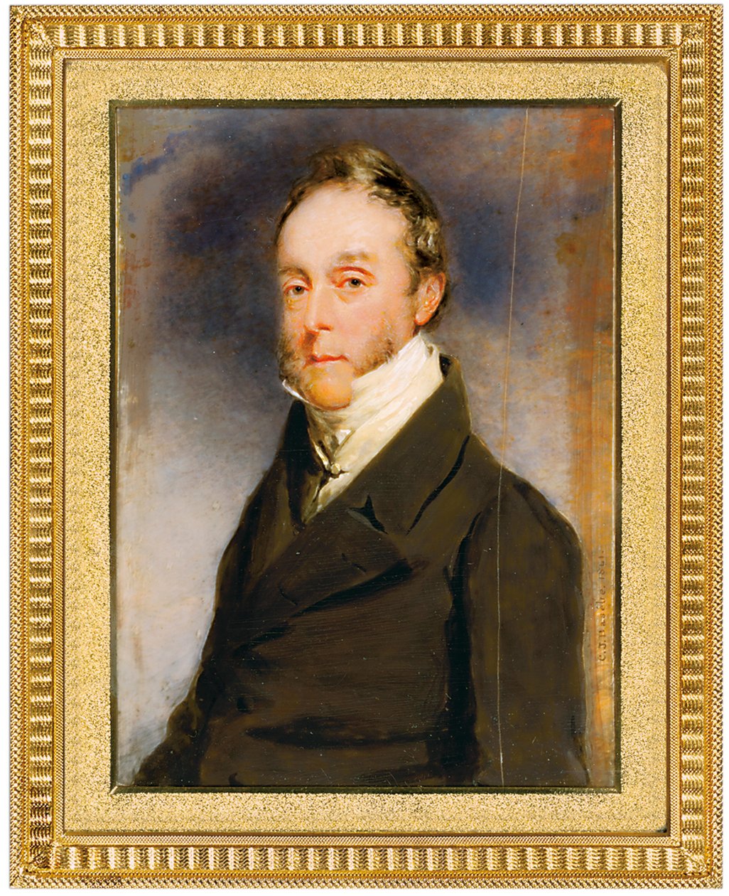 George Hay Hawkins Pennant en manteau brun, gilet blanc et chemise blanche à col haut, Camden Town, Londres, 1864 - Charles Basebe