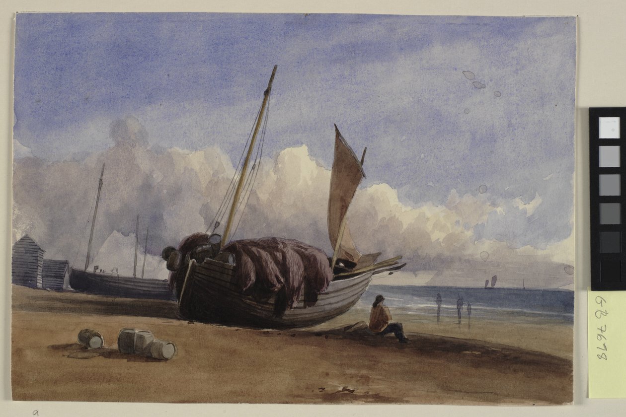 Bateau de pêche échoué avec pêcheur assis - Charles Bentley