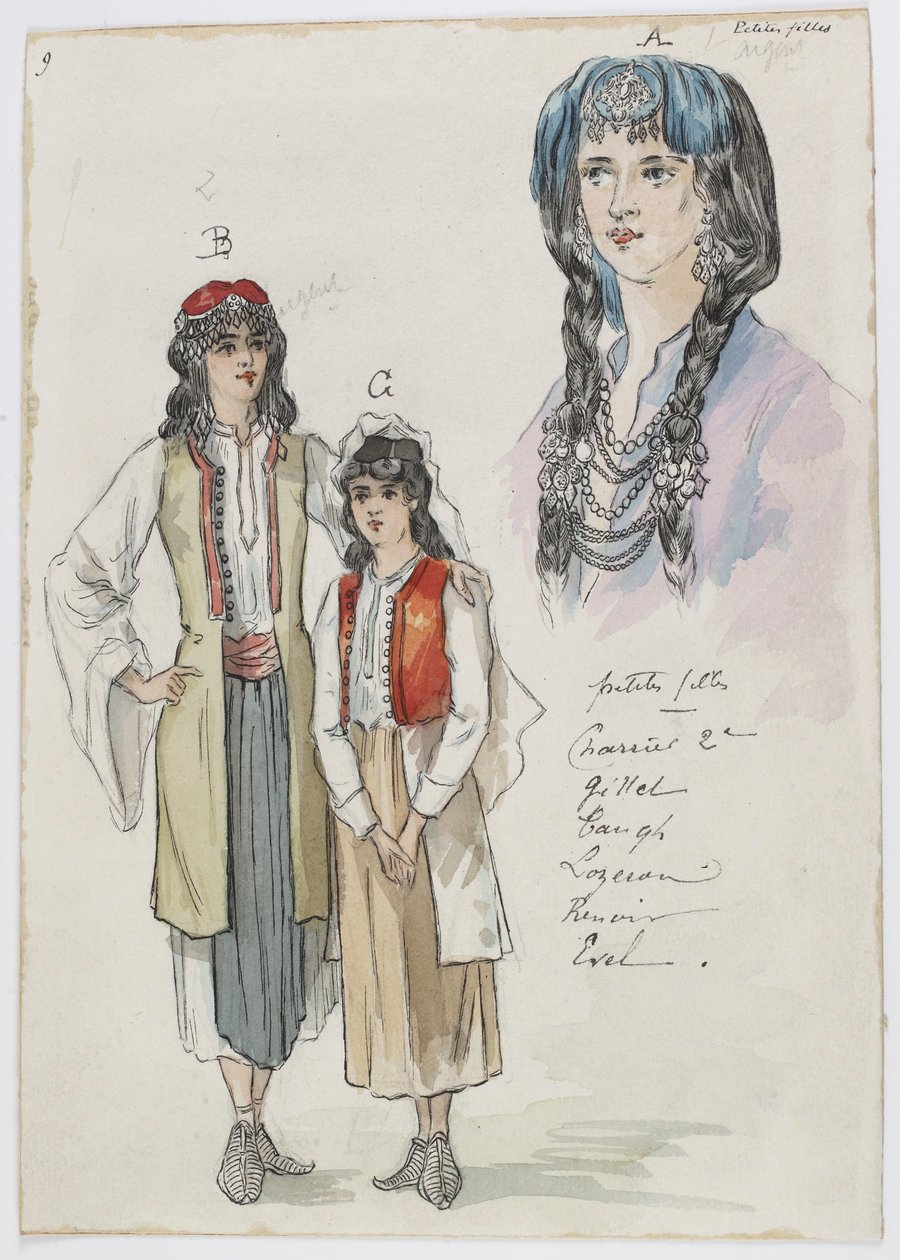 Holmès - La montagne noire - costume designs by Charles Bianchini - 09. Petites filles. Mlles Charrier 2e, Gillet, Taugh , Lozeran, Renoir, Evel - Charles Bianchini