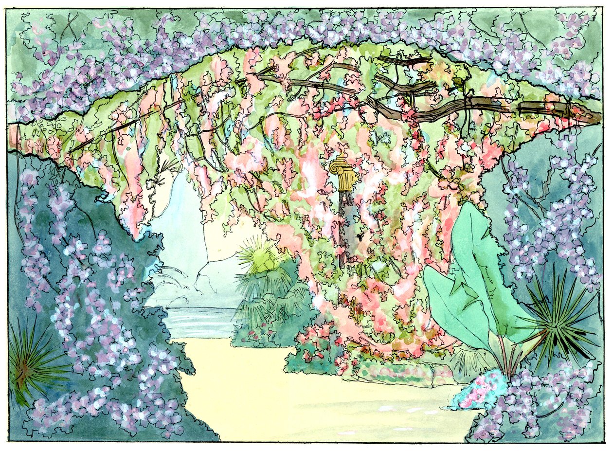Massenet - Esclarmonde - Décor de Charles Bianchini - 2e acte, 1er tableau, Rideau de roses descendant - dessin de G. Stein, 1889 (b) - Charles Bianchini