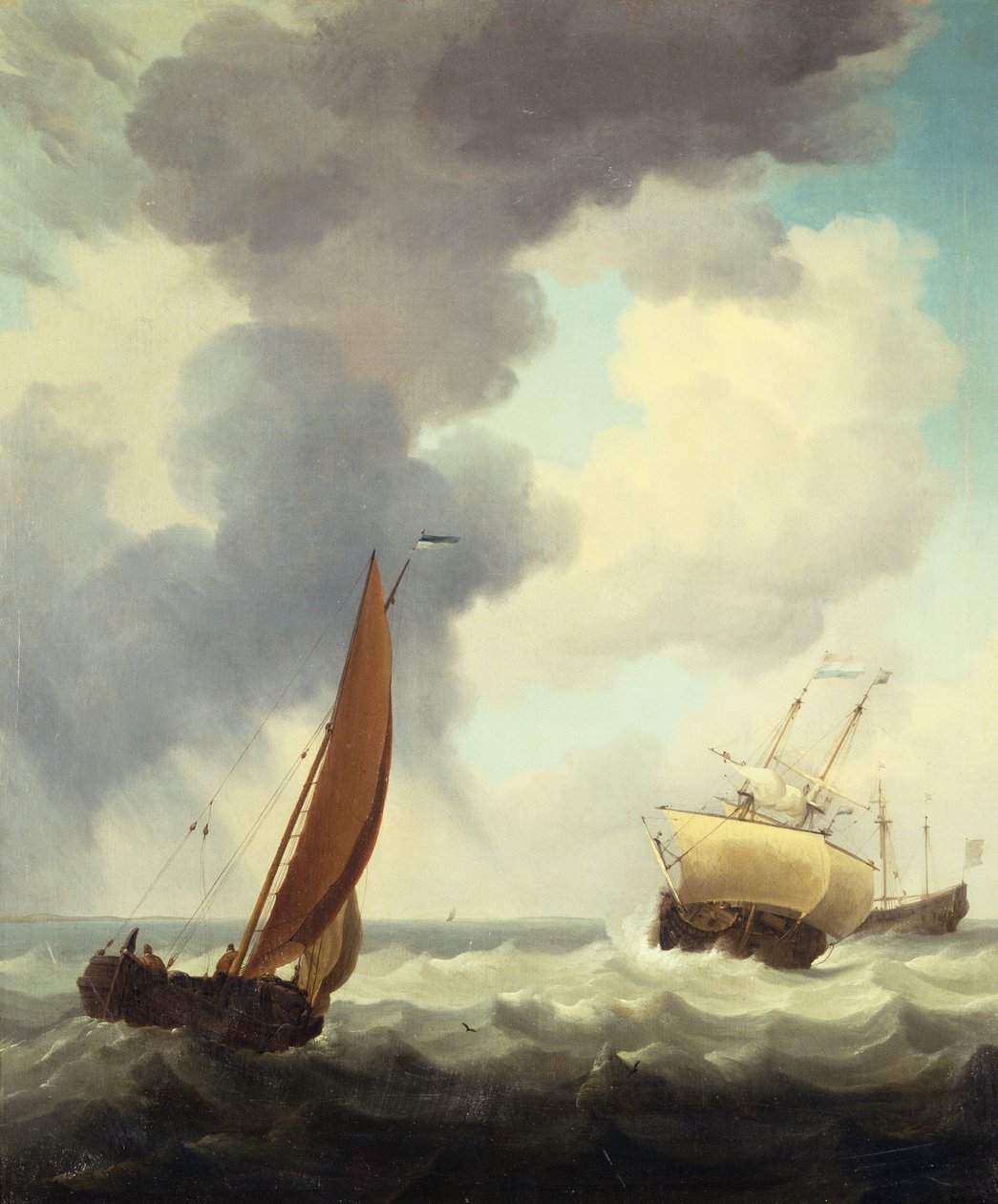 Navires marchands néerlandais et un caboteur dans une mer agitée - Charles Brooking