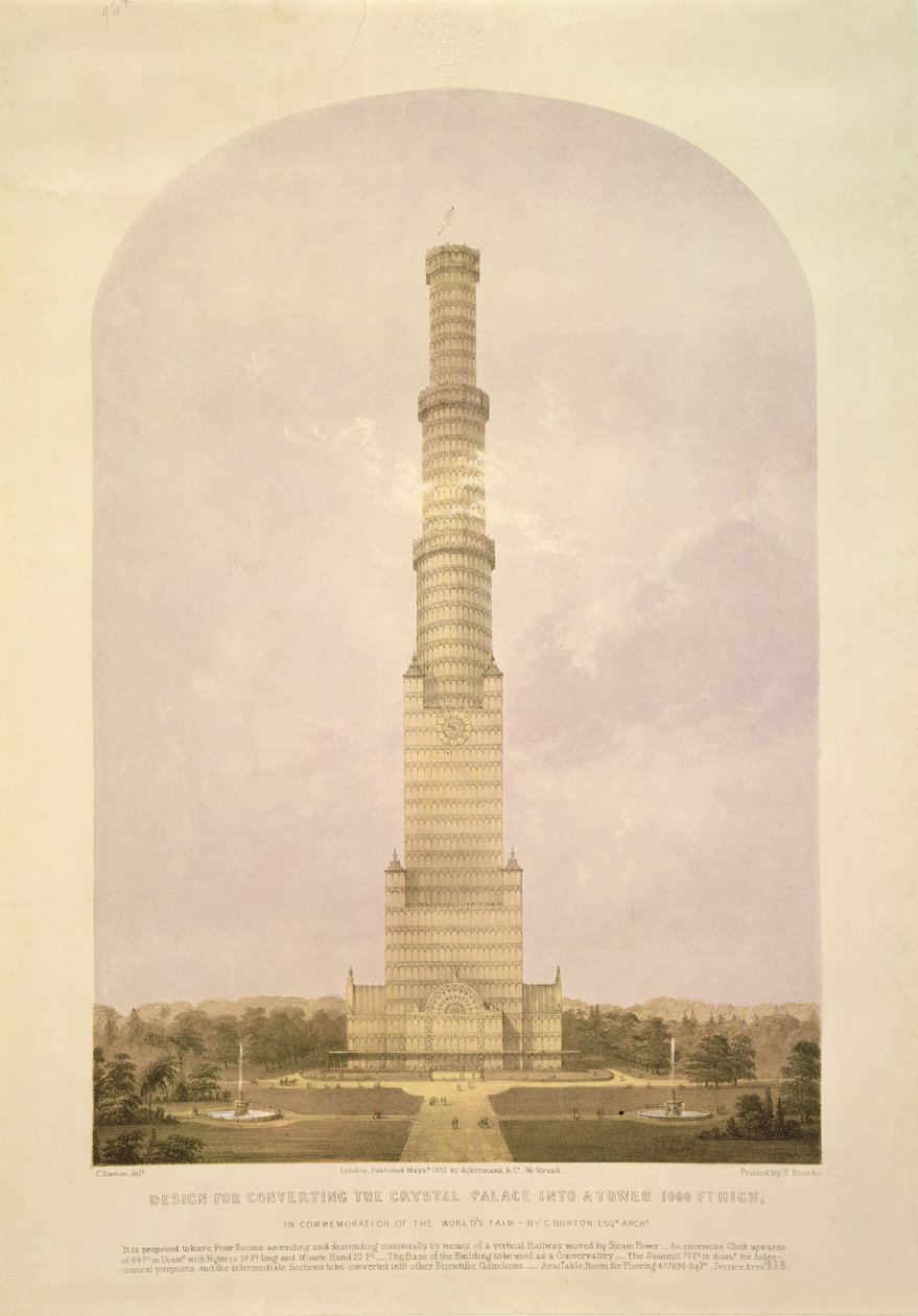 Conception pour convertir le Crystal Palace en une tour de 1000 pieds de haut, pub. par Ackermann und Co., 1852 - Charles Burton