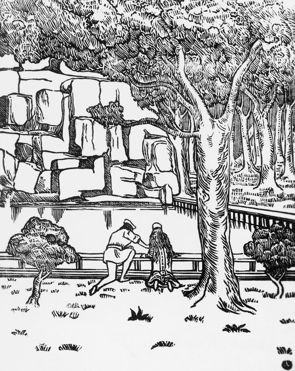 Personnes regardant la source, gravure sur bois par Charles Doudelet (1861-1938) pour Pelléas et Mélisande de Maurice Maeterlinck (1862-1949), publié par Claudio Argentieri, Spoleto, Italie - Charles Doudelet