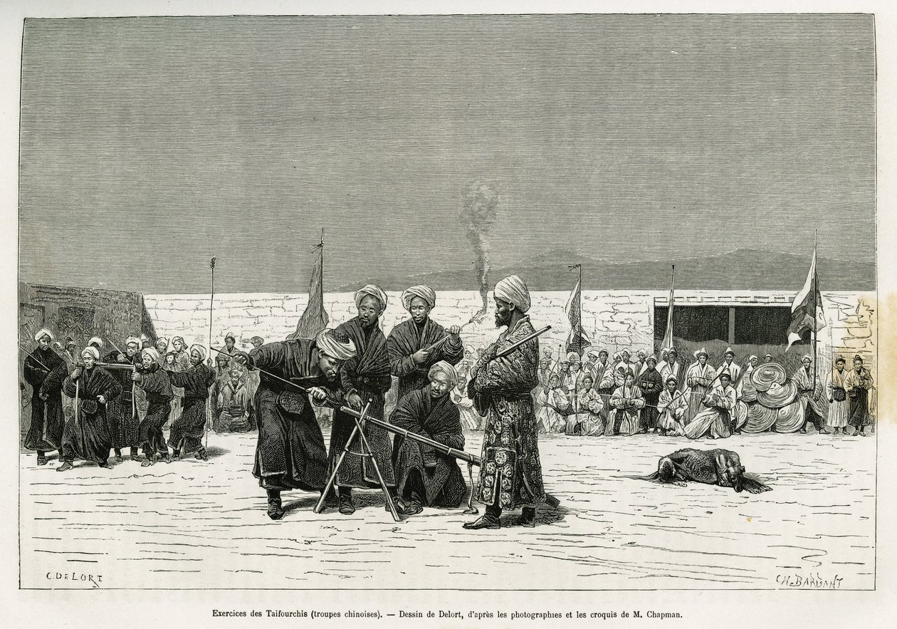 Exercices de manipulation des fusils Taifourchi, troupes armées et entraînées par les militaires chinois, dessin de Delort, pour illustrer les mémoires d