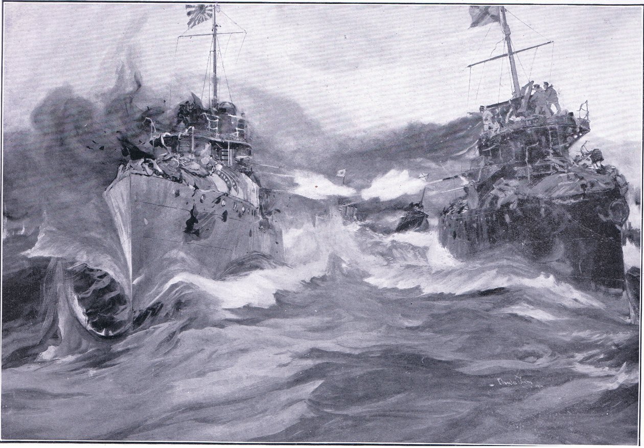 Un combat entre destroyers, illustration de Cassells History of the Russo-Japanese War Vol 1, vers 1900 - Charles Edward Dixon