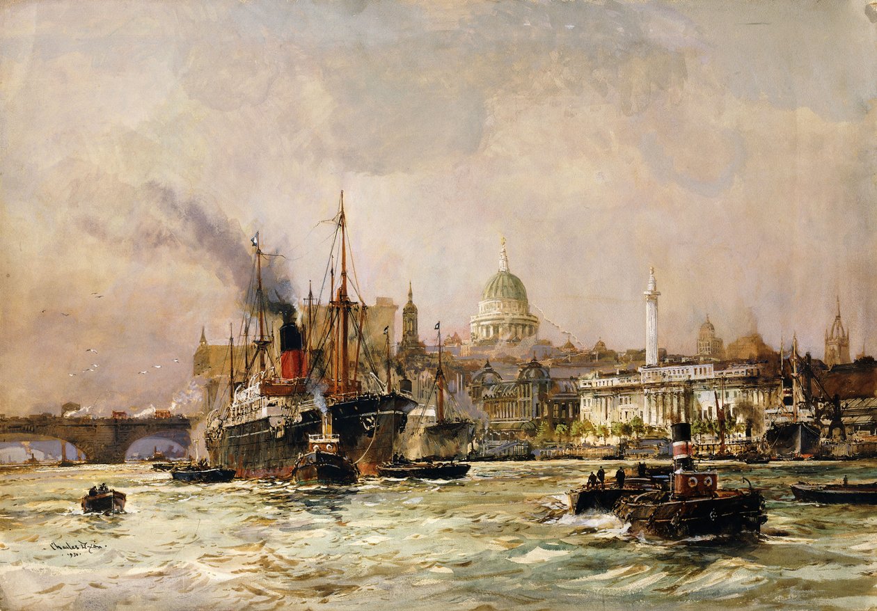 Navires sur la Tamise en dessous de Saint-Paul - Charles Edward Dixon