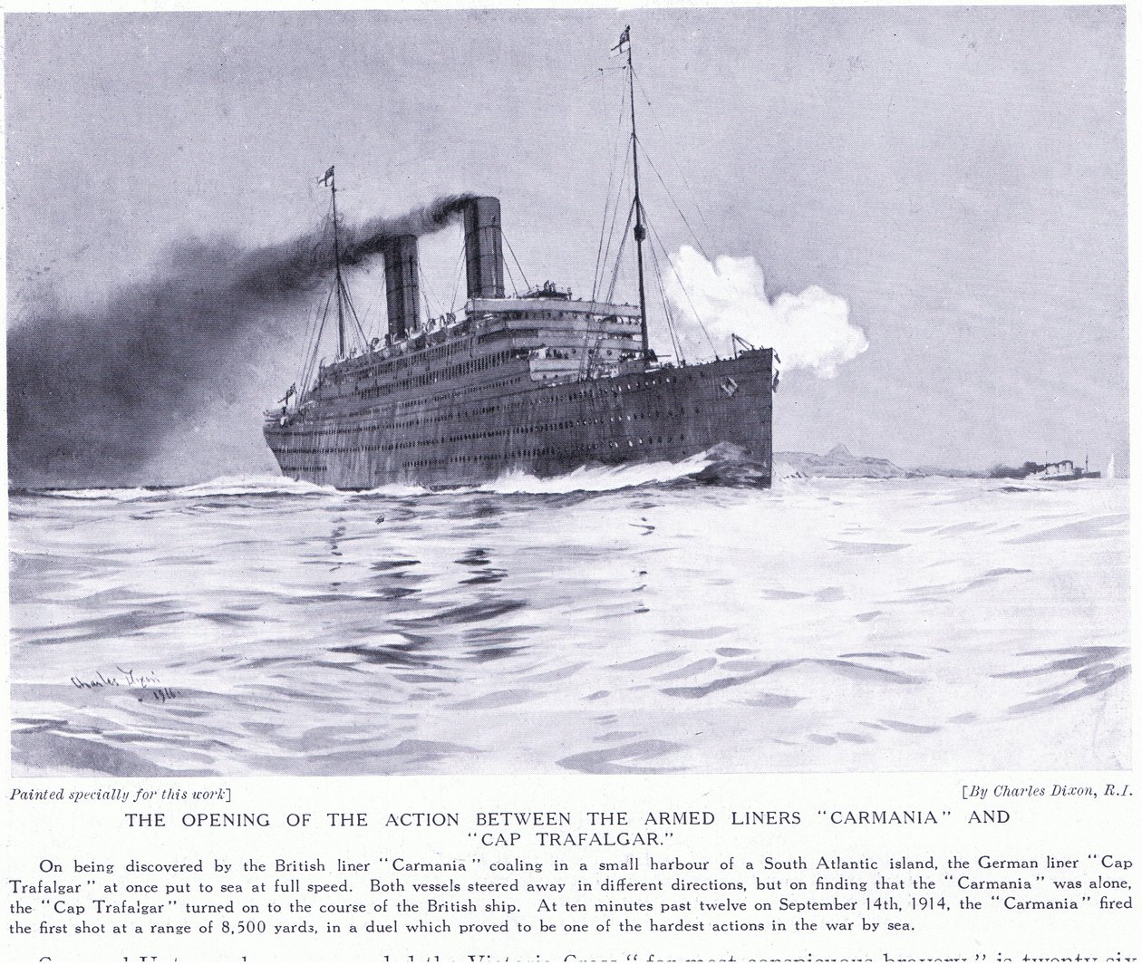 La première action entre les paquebots armés Carmania et Cap Trafalgar, Atlantique Sud, septembre 1915 - Charles Edward Dixon