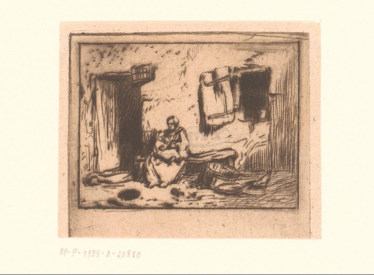 Femme avec enfant sur un banc contre une façade - Charles Emile Jacque (attributed to)