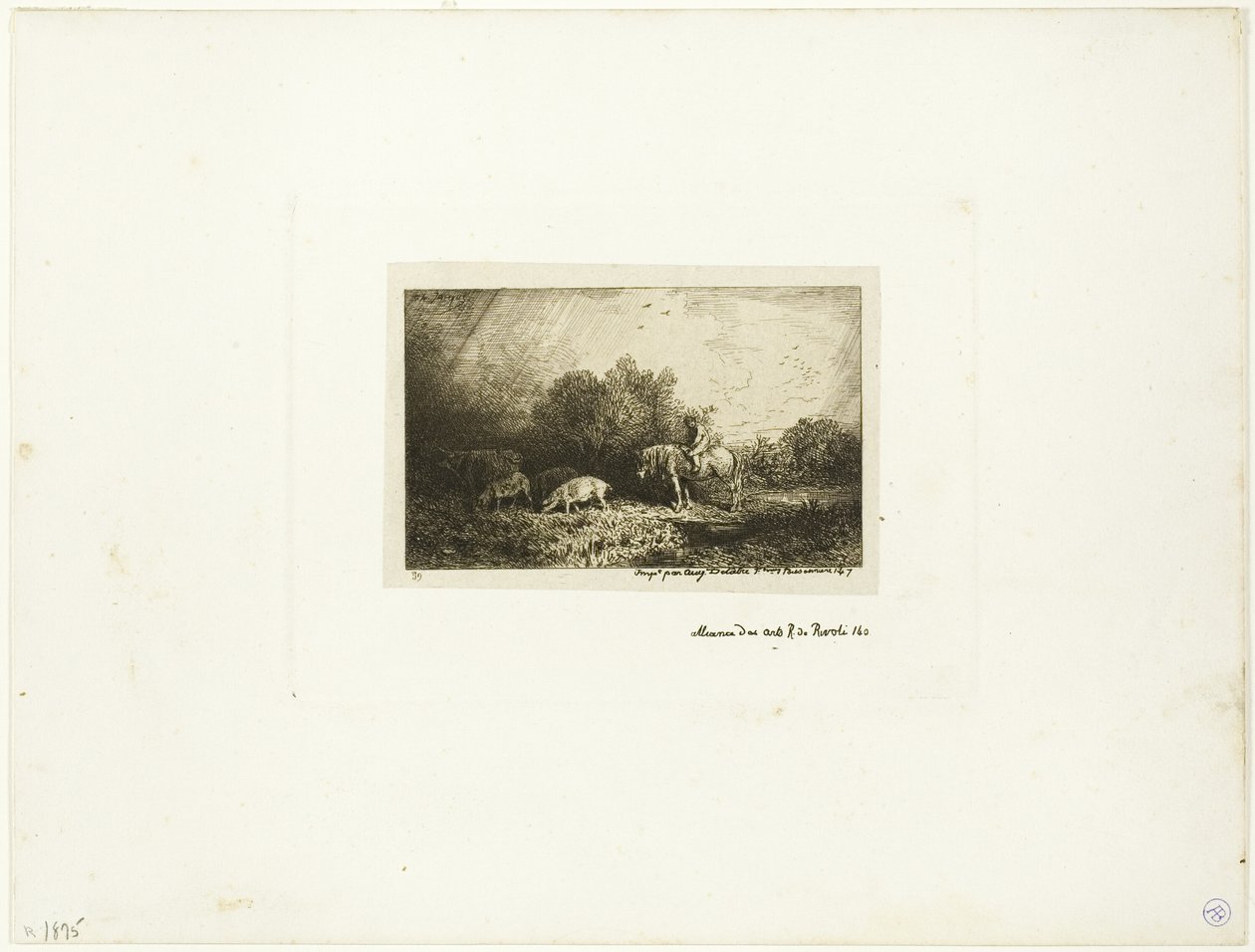 Paysage avec homme à cheval, cochons et vache - Charles Emile Jacque