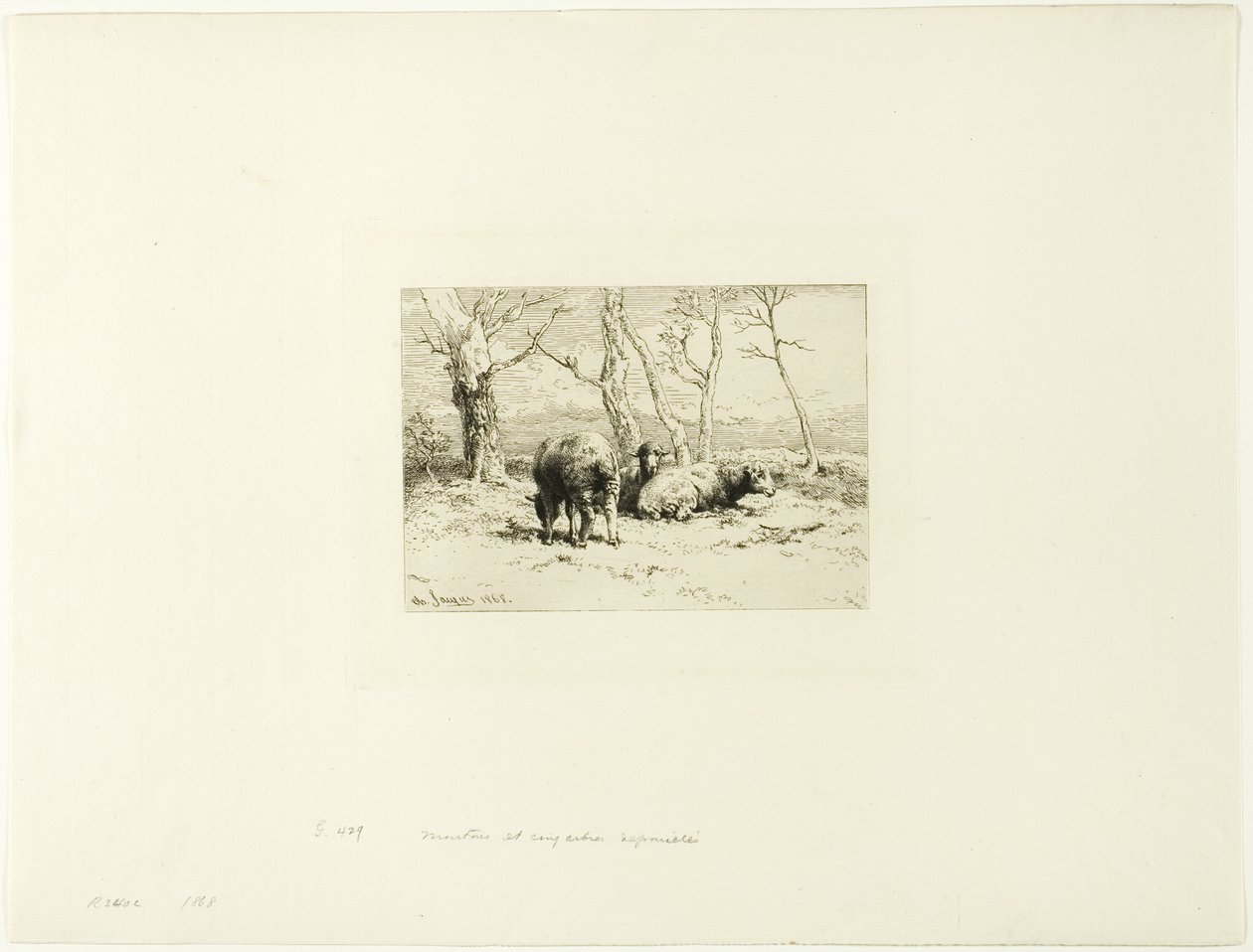 Moutons et cinq arbres - Charles Emile Jacque
