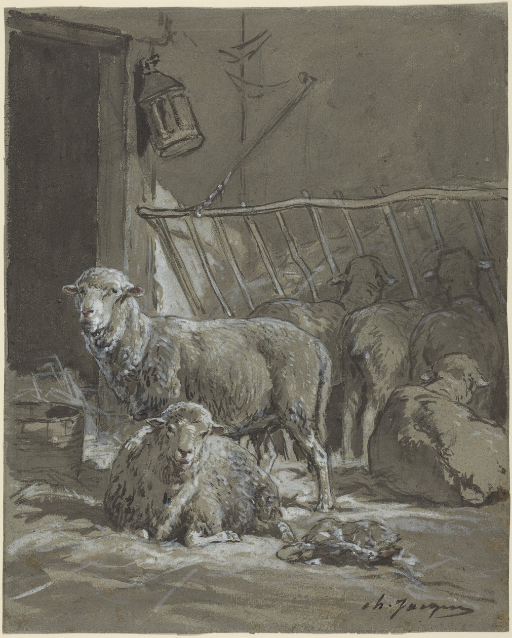 Moutons dans une mangeoire - Charles Emile Jacque