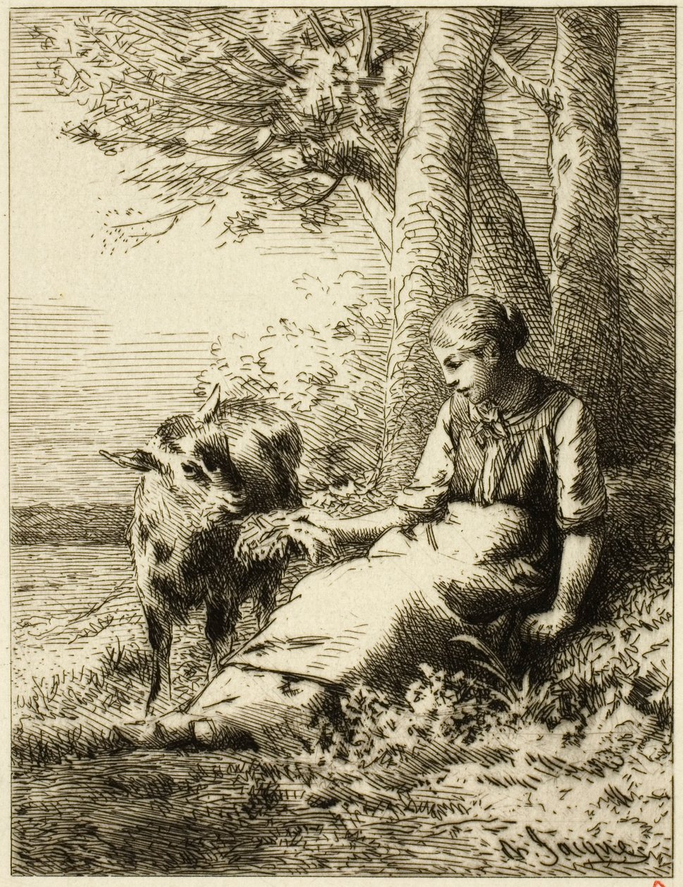 Berger avec troupeau de moutons au bord du bois - Charles Emile Jacque