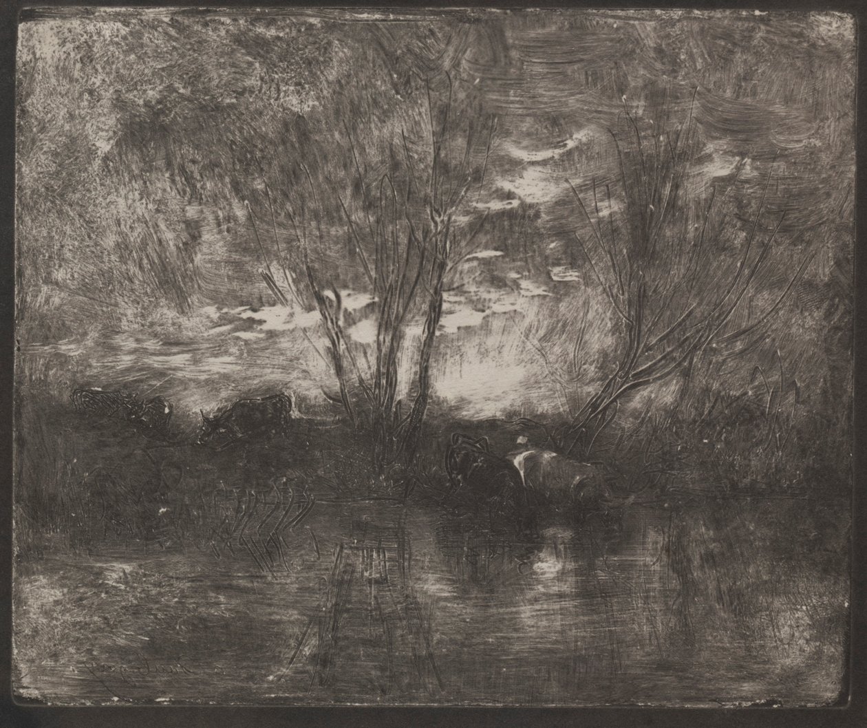 Vaches à un abreuvoir, impression originale 1862, imprimée en 1921 - Charles Francois Daubigny