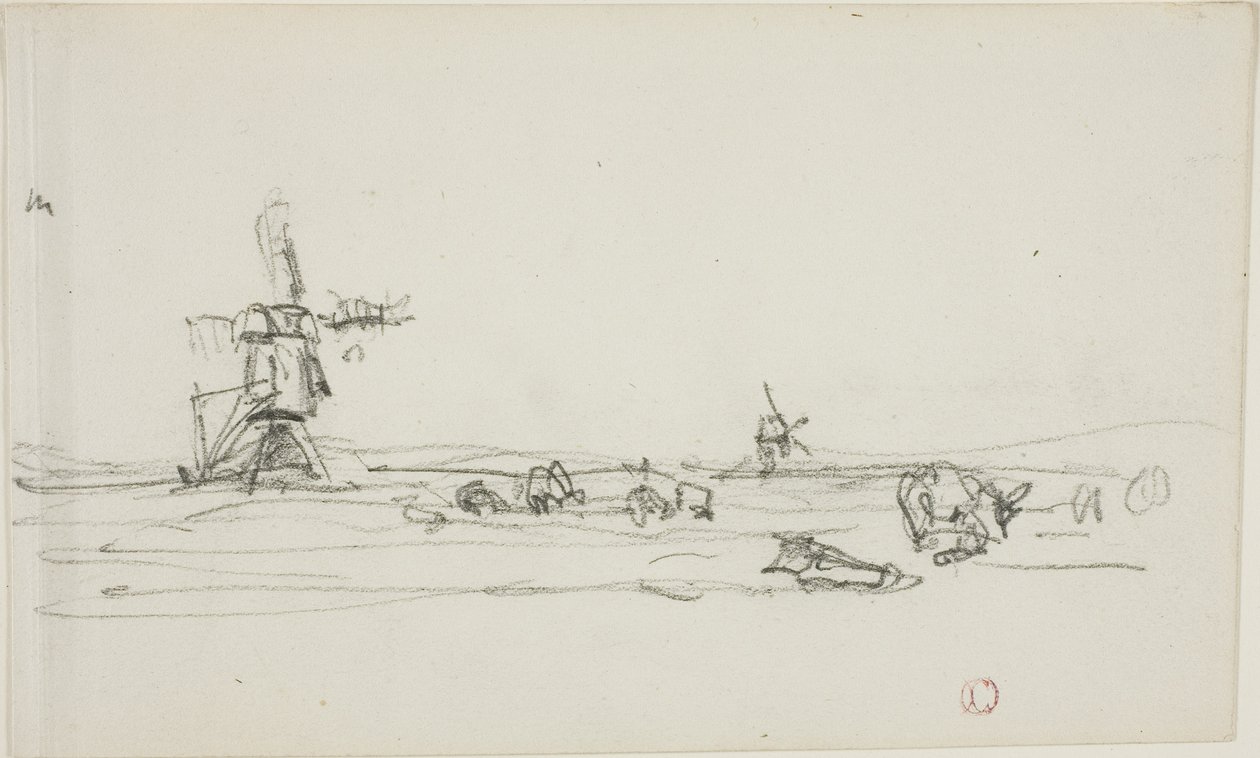 Paysage en Hollande (recto) ; Esquisse de moulins à vent au bord de l
