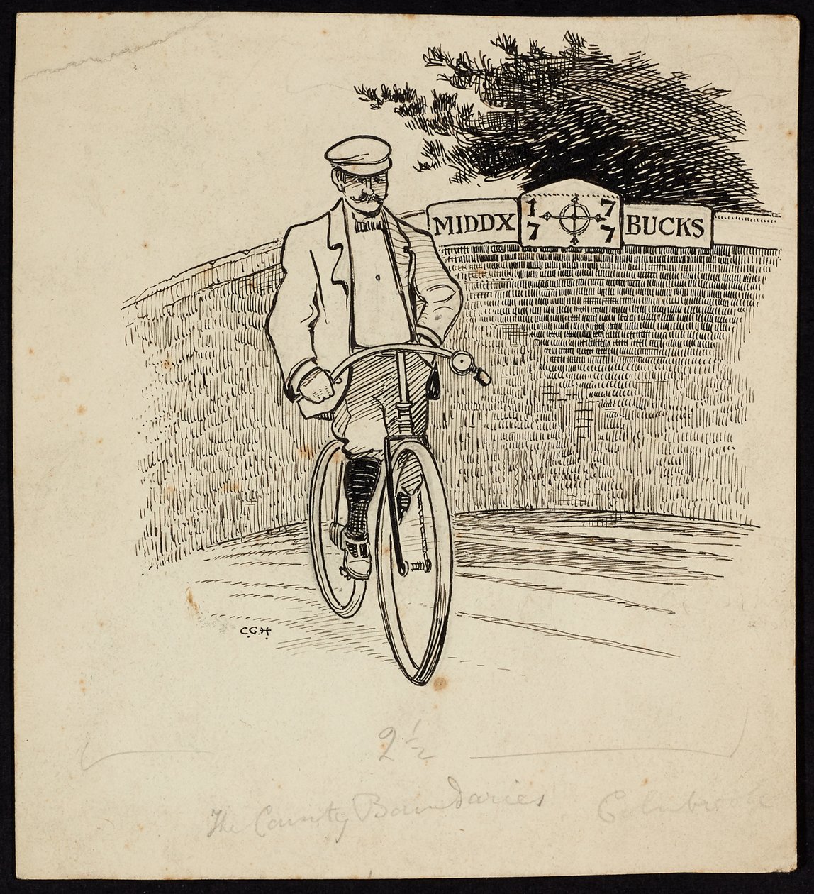 Un homme à vélo devant un panneau marquant la frontière entre le Middlesex et le Buckinghamshire - Charles George Harper