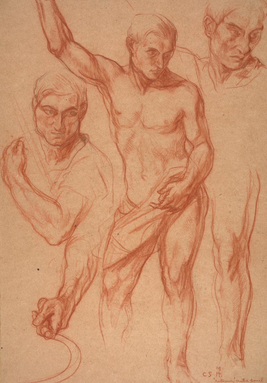 Étude de figure masculine avec ré-études de la tête, des bras, de l