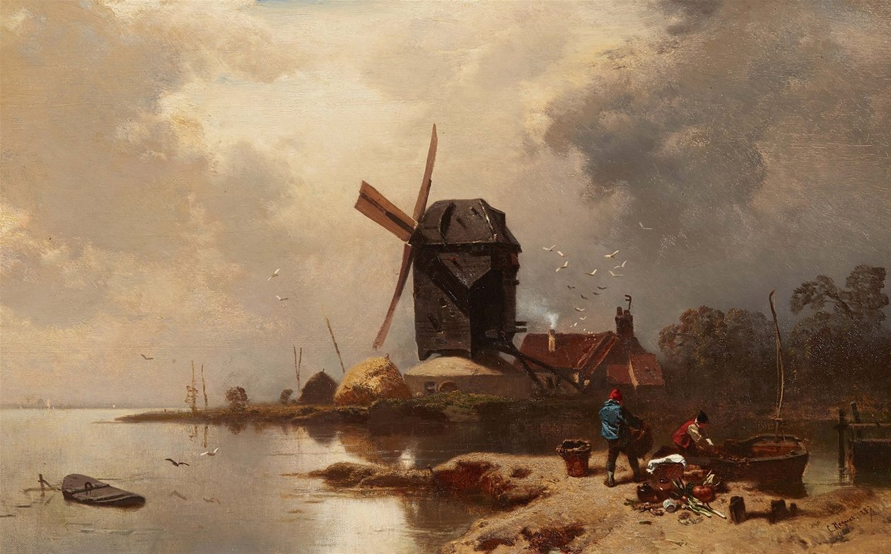 Allemand : Bockwindmühle an einem Seeufer Moulin à poste au bord d