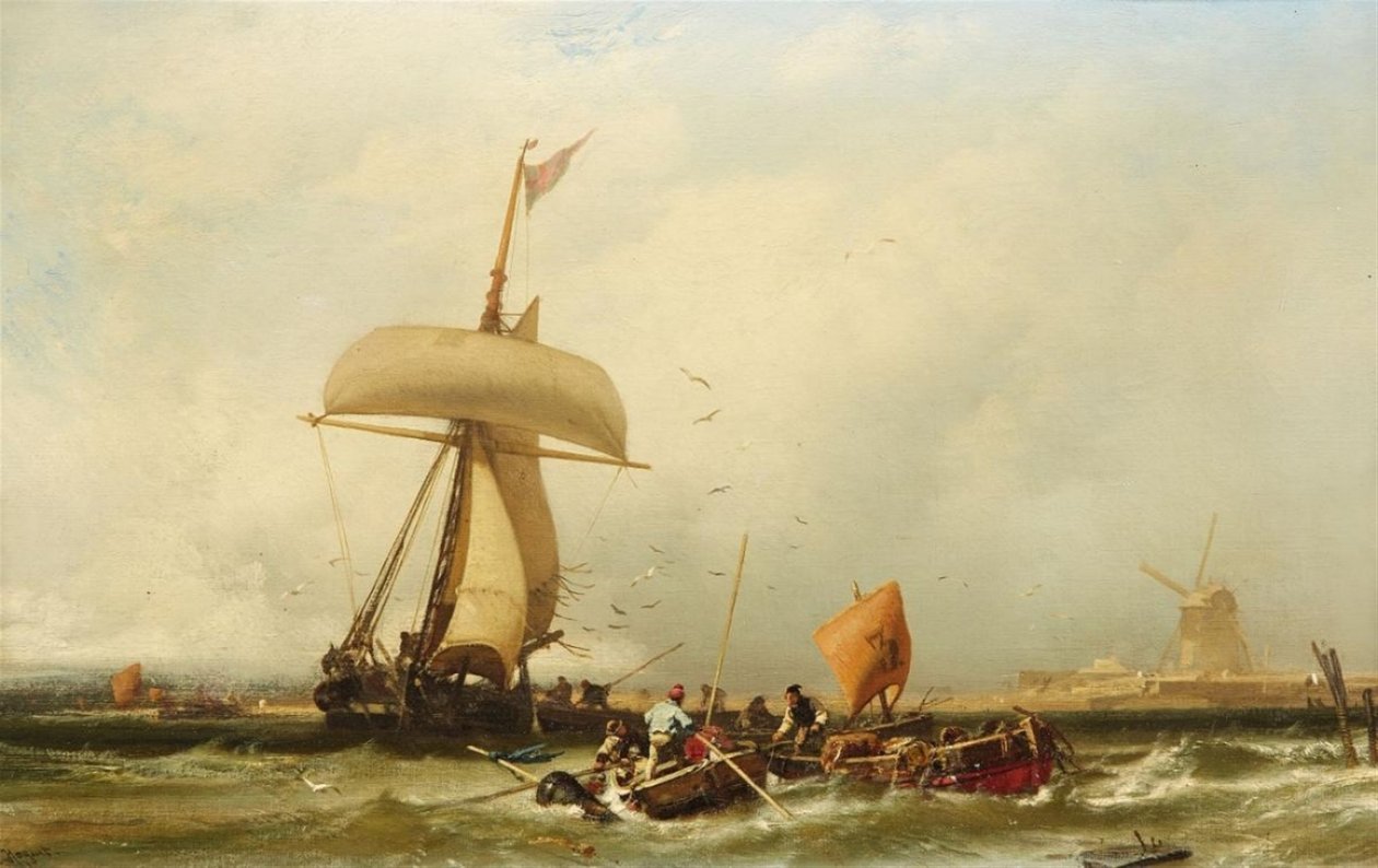 French : Vue de la côte hollandaise avec un voilier et des bateaux Dutch Coastal View with Sailing Ship and Boats - Charles Hoguet