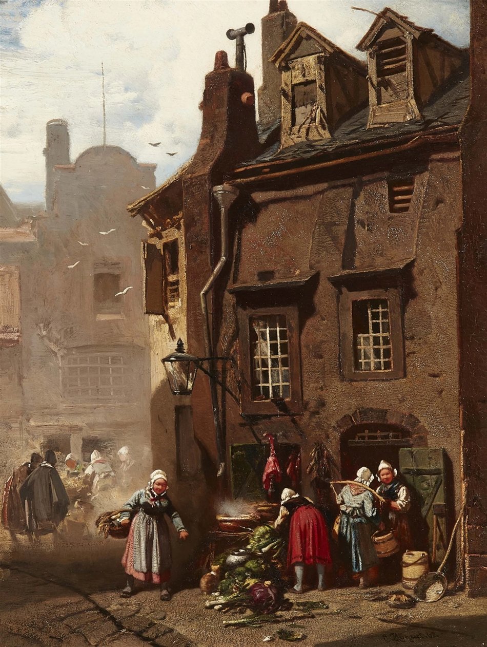 French : Marché dans une ville médiévale Market Day in a Medieval Town - Charles Hoguet