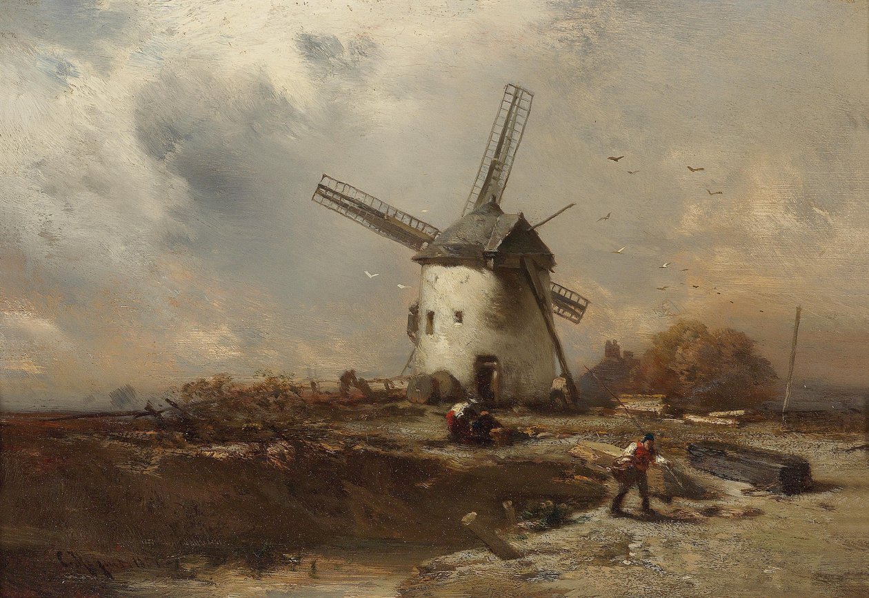 Paysage avec moulin à vent et figures décoratives - Charles Hoguet